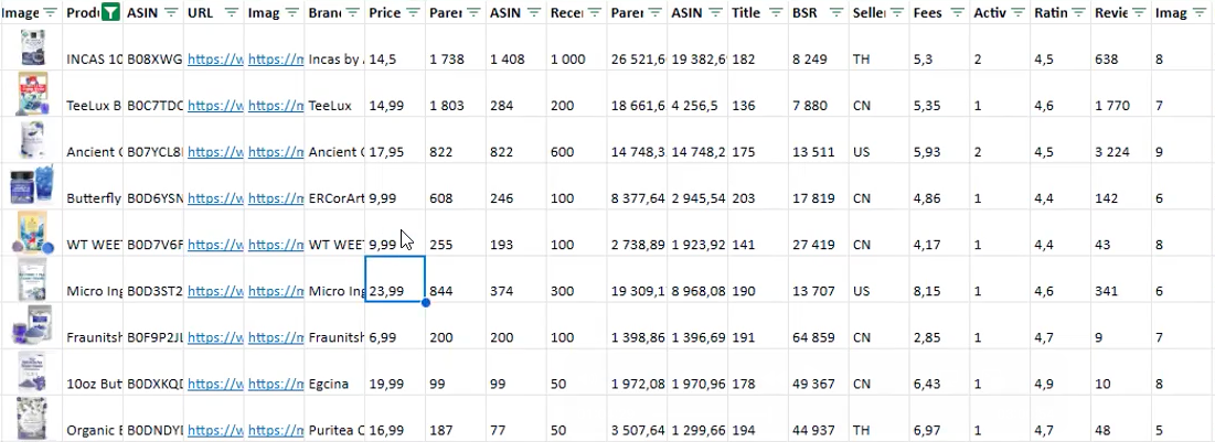 Exported competitor spreadsheet with prices, reviews, sales