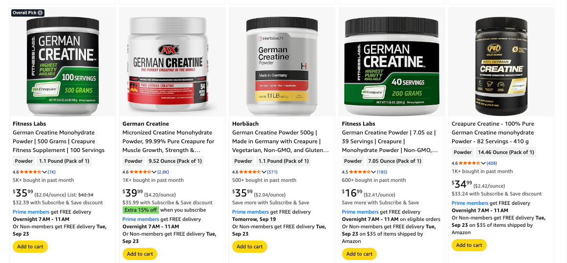 German Creatine — all black and white jars